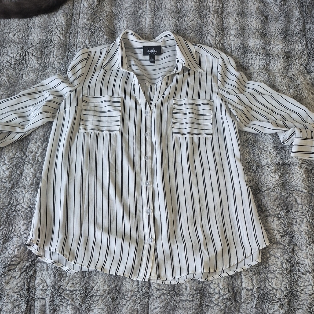 By & By 🖤 Button-Front White Blouse with Black Stripes (656)